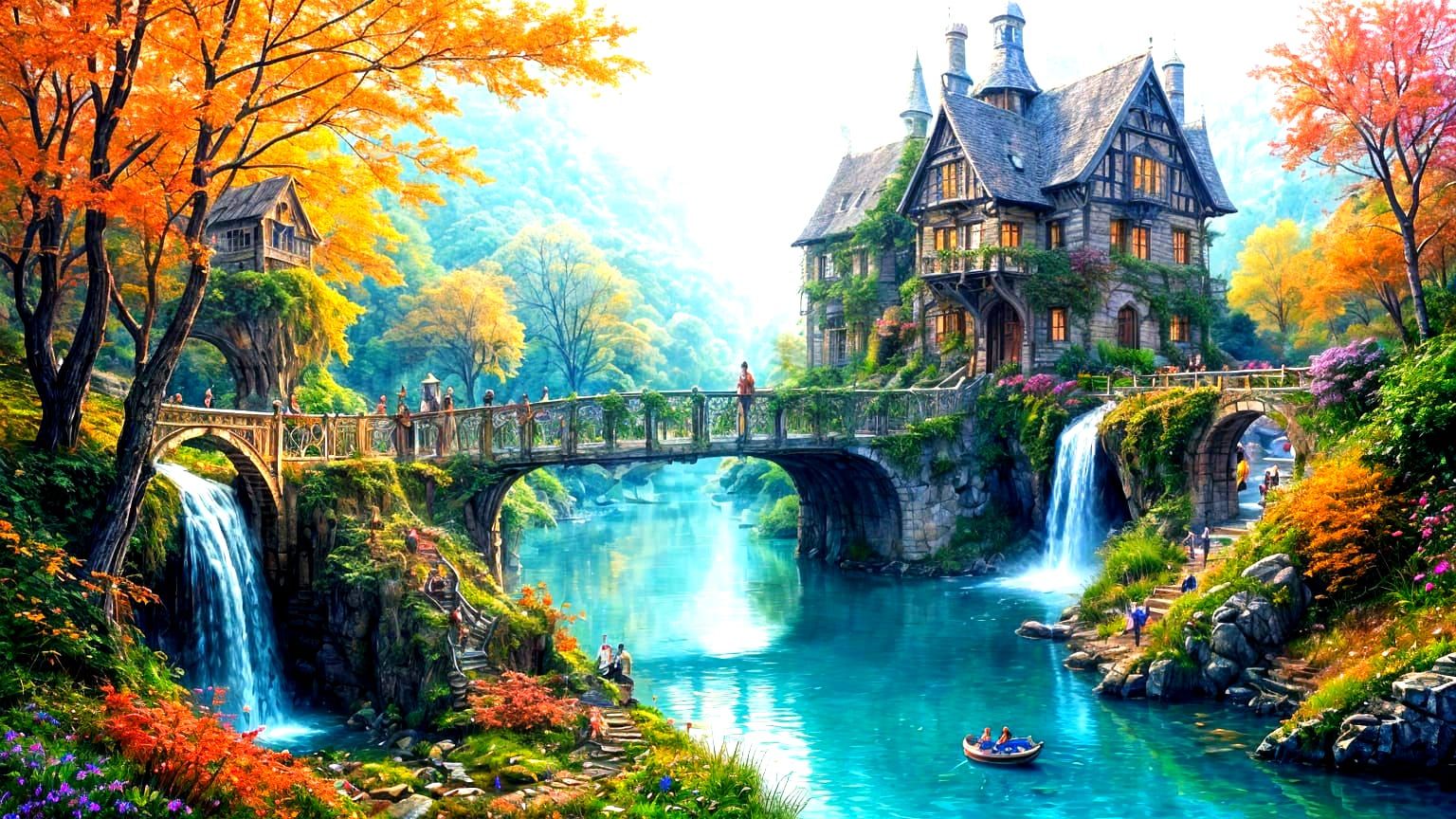 Floating Islands Connected by Bridge in Watercolor Style