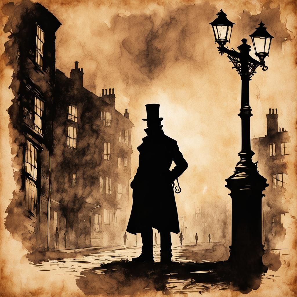 Jack the Ripper in Victorian London Ink Painting