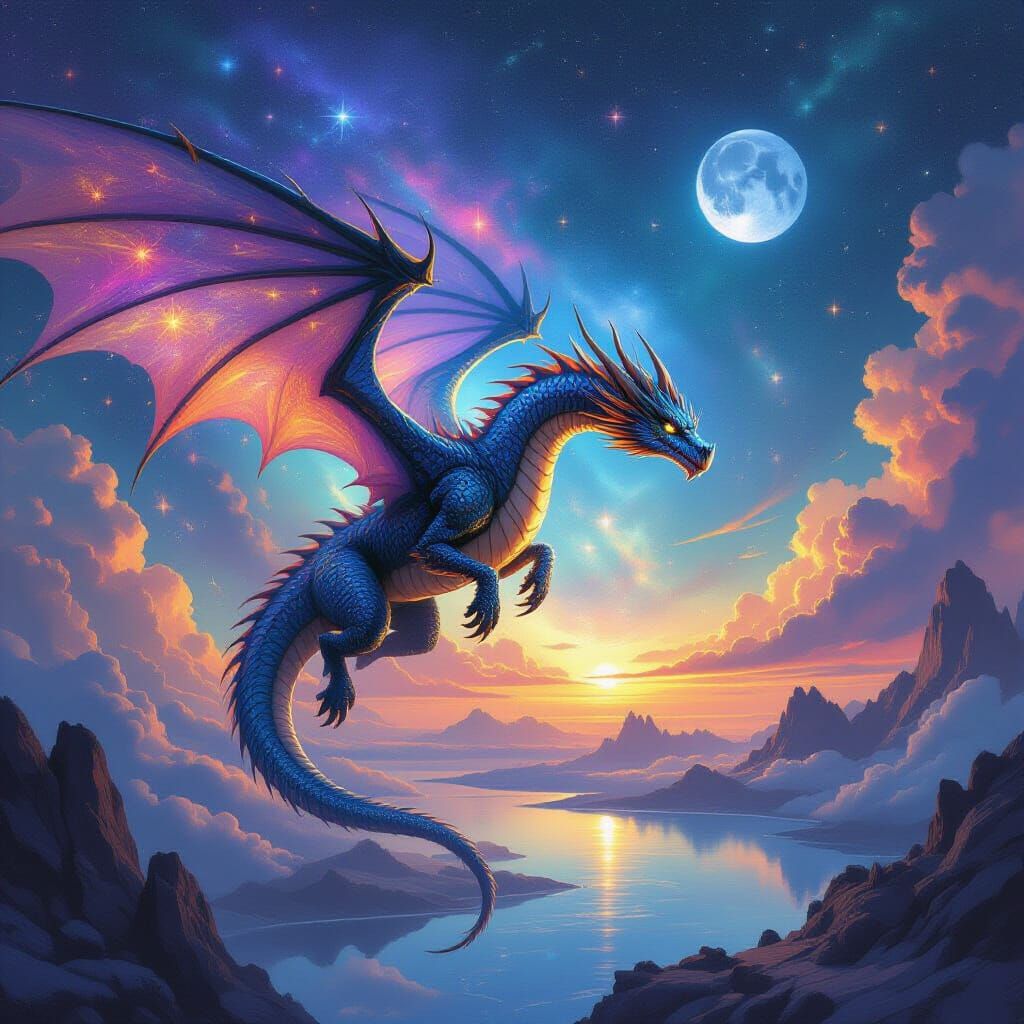 Ancient Dragon Soars Through Cosmic Nebula Above Crystalline...