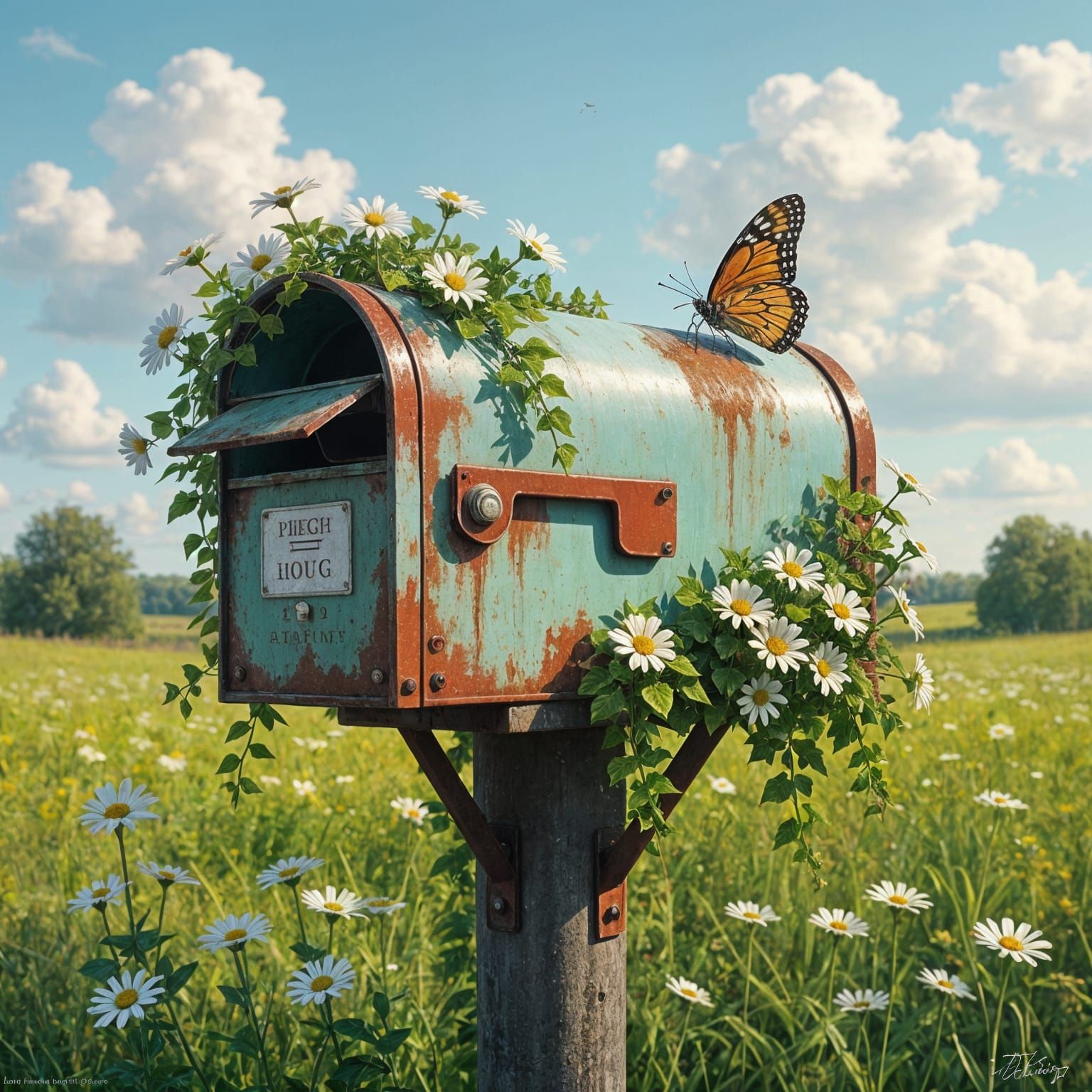 Rusted Mailbox Overflowing with Flowers, Hyperrealistic Art