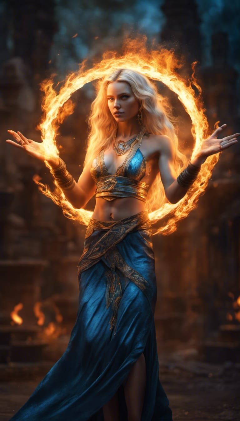 Hyperrealistic Amazonian Sorceress Performing Fire Magic