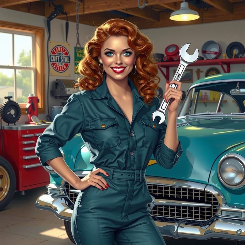 Retro Pin-Up Mechanic in Hyperrealistic Illustration Style