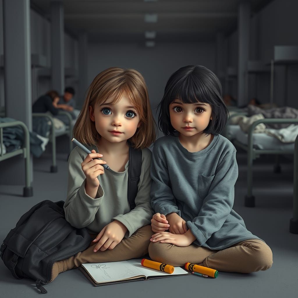 Girls in Homeless Shelter Drawing as Digital Art