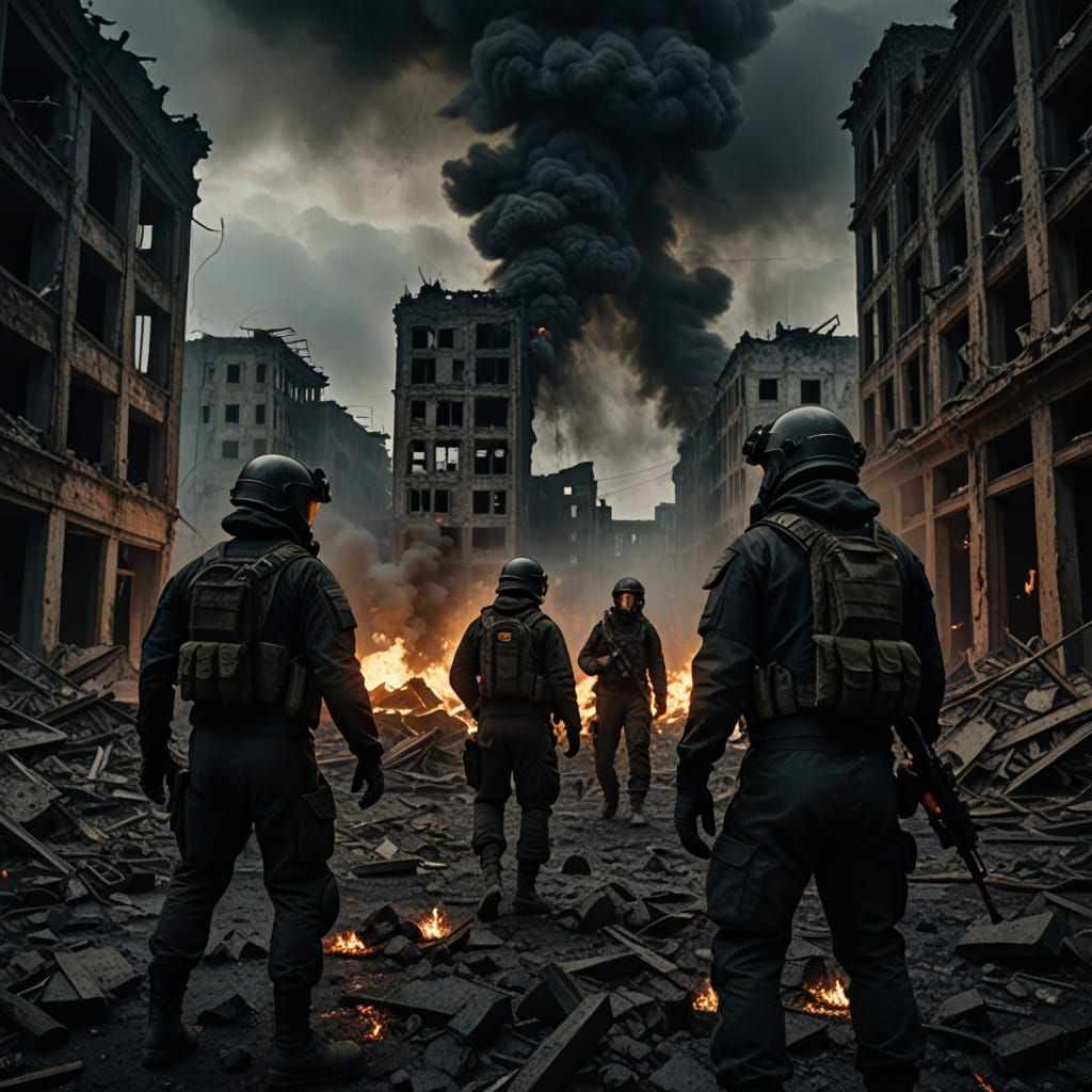 Ruined City Chaos in Dark, Gritty, Post-Apocalyptic Style