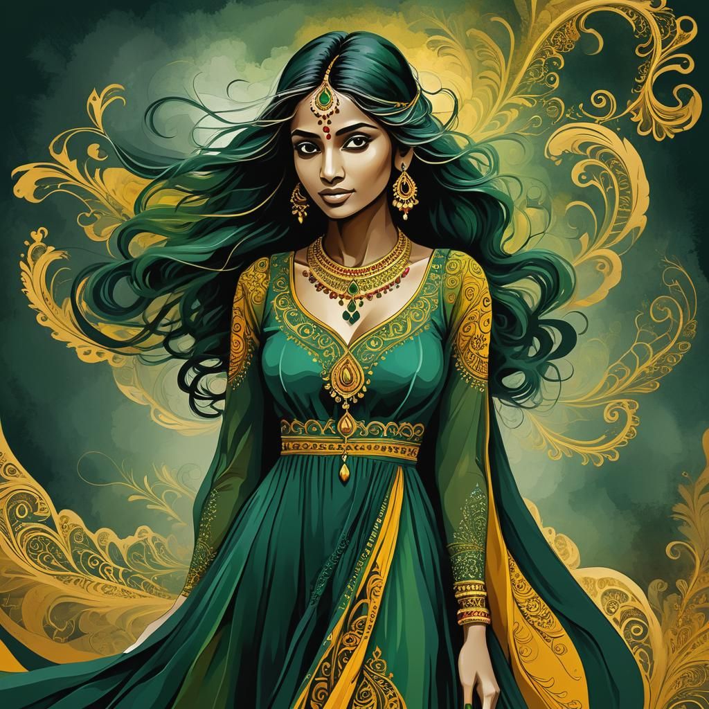 Beautiful Indian girl in dark green and saffron Indian long ...