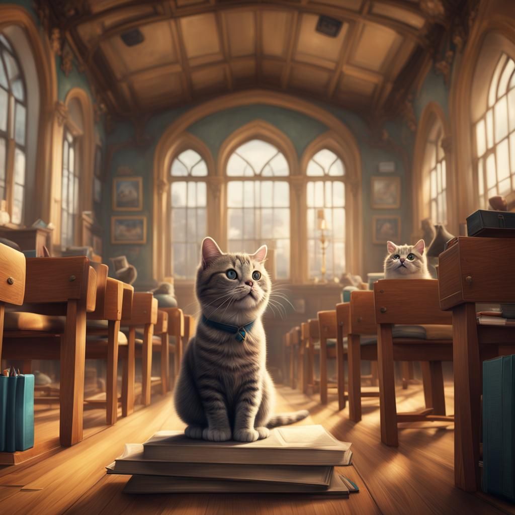 Cute Chubby Cat in School: Digital Matte Painting