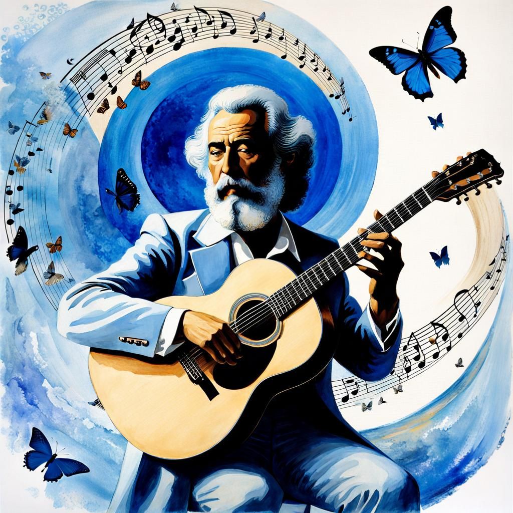 Georges Moustaki, famous french greek 1980 troubadour, cantastorie, guitarist, singer, playing his guitar...