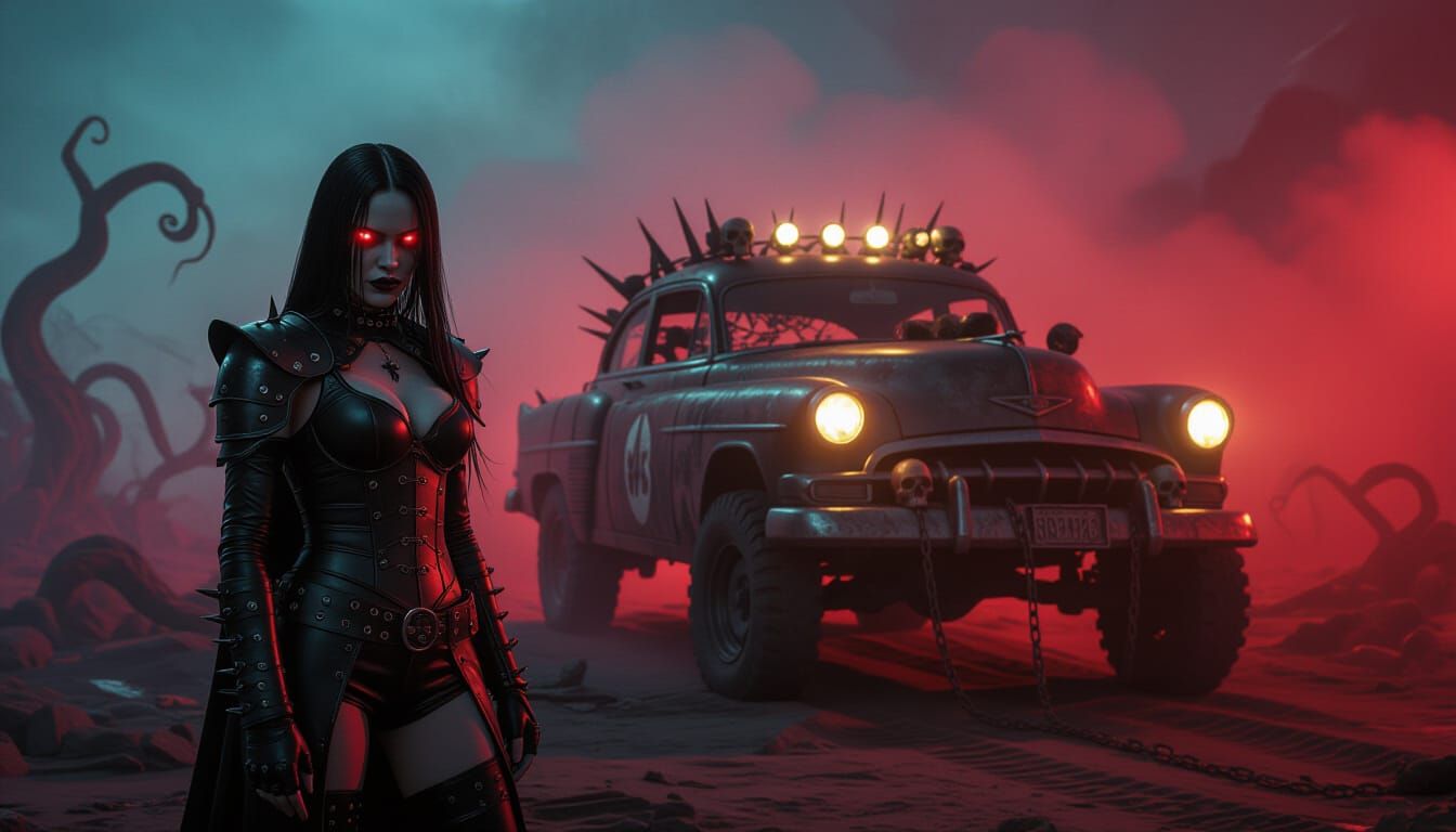 Goth Woman in Spiked Death Car, Crimson Fog