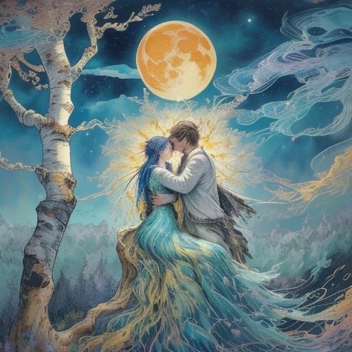 Fluffy Birds Snuggling Under Orange Moon: Impressionist Pain...