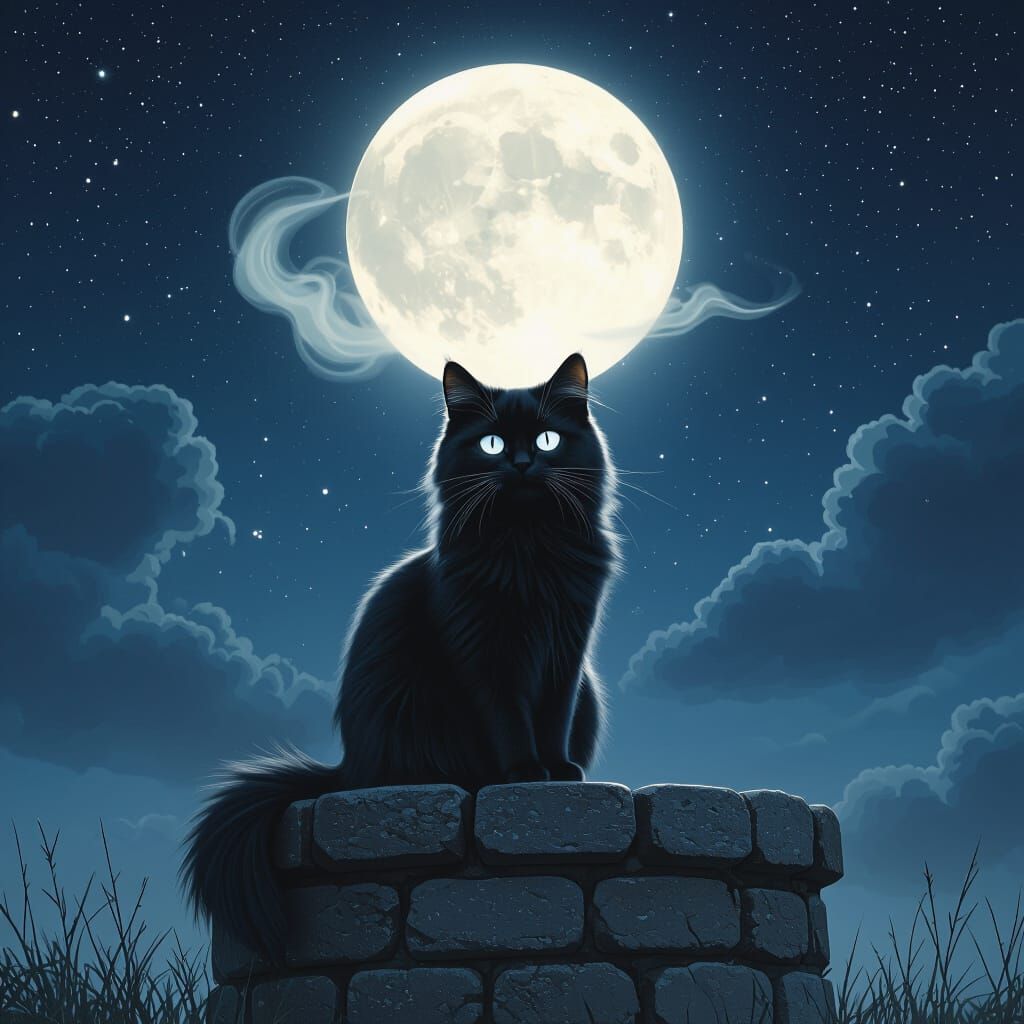 Realistic Black Cat on Well Under Starry Night Sky