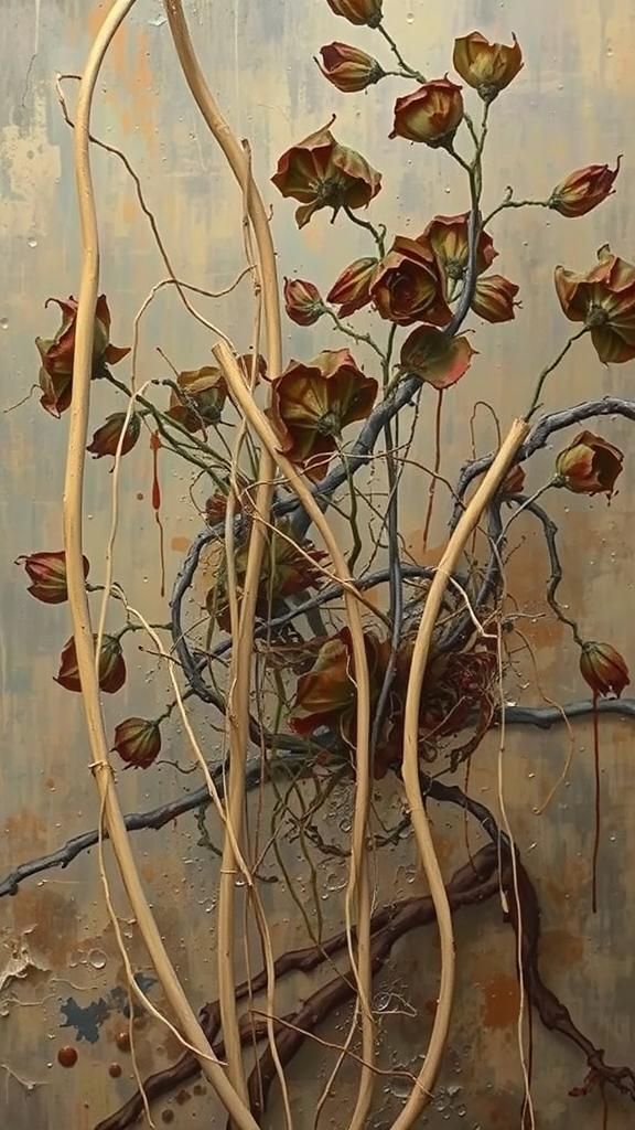 Abstracted Thorns and Wilted Flowers in Expressionist Style