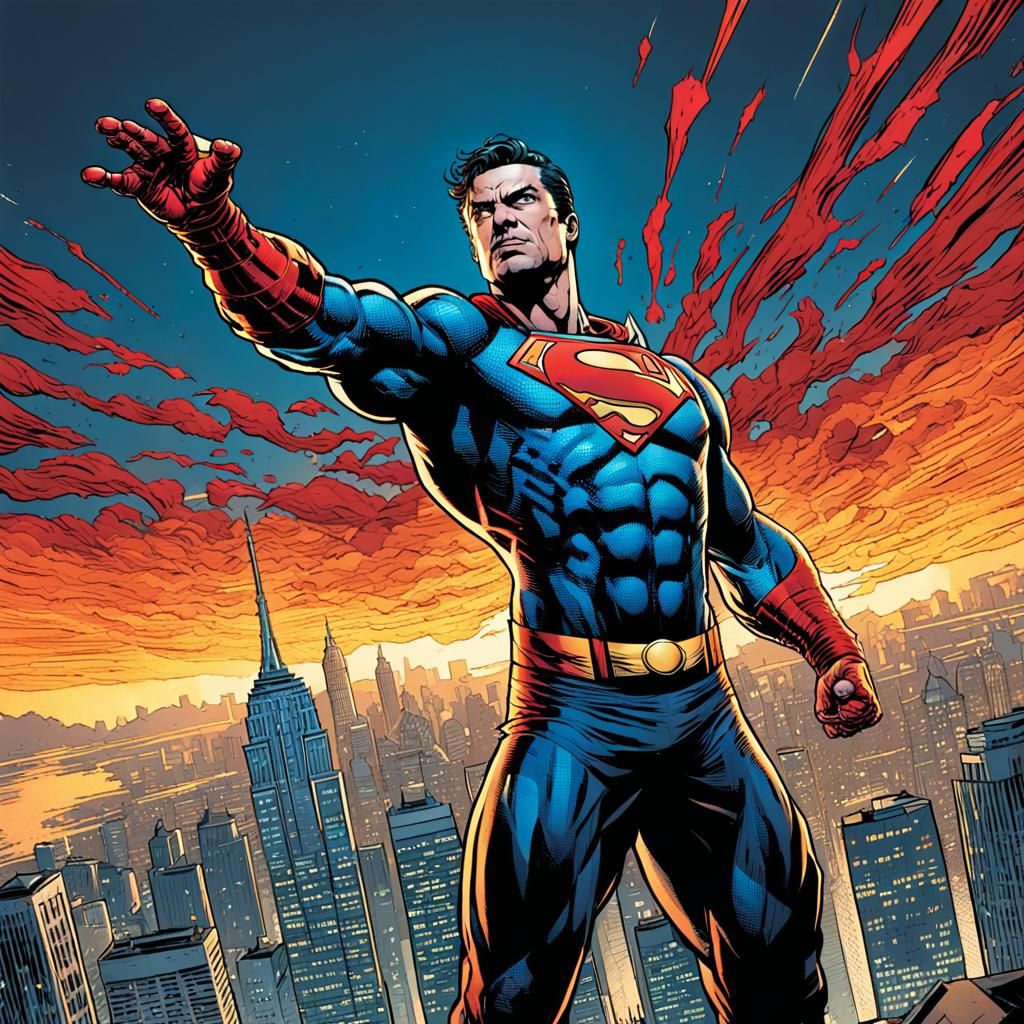 Heroic Comic Book Figure in a Vibrant Cityscape