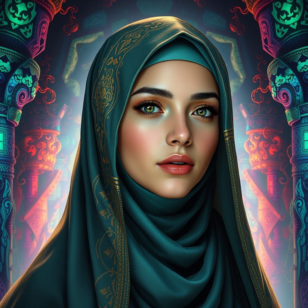 Mystical Hijabi Queen in a Gemstone Temple