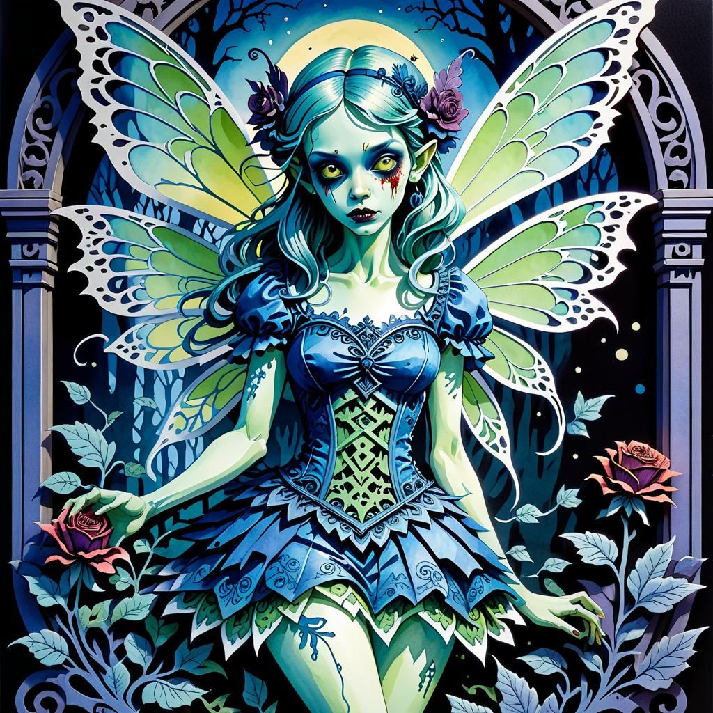 Zombie Fairy in Watercolor and Ink Style