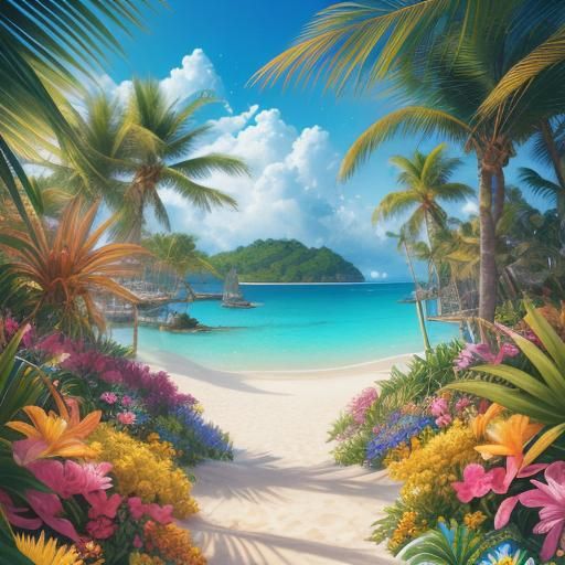 Hyperrealistic Beach Scene with Flowers in Miki Falls Style