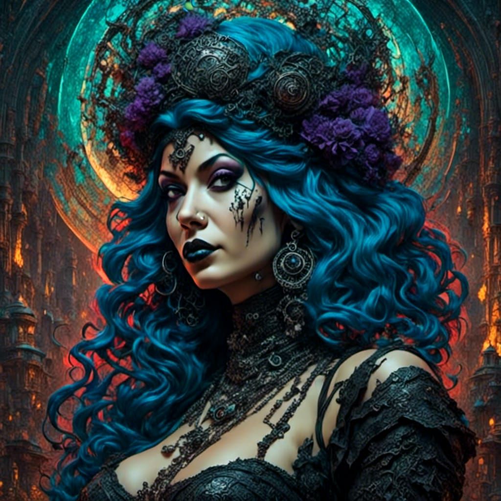 Gothic Pinup in Surreal Comic Style