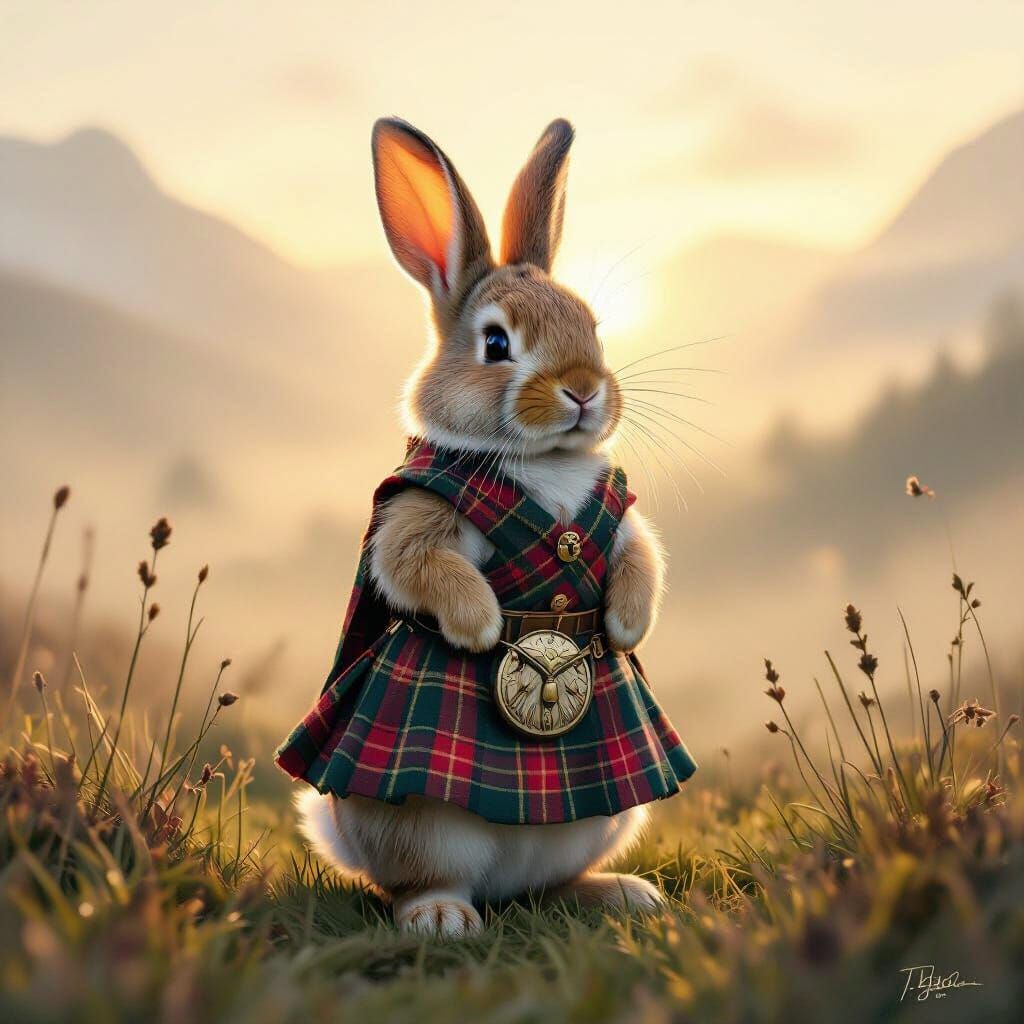 Joyful Rabbit in Tartan Kilt Amidst Scottish Mist