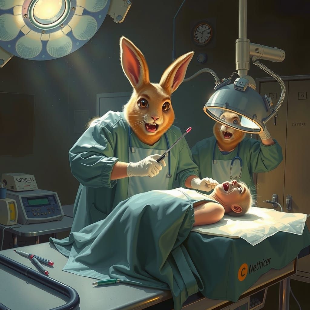 Surreal Medical Scene in Whimsical, Film Noir-Inspired Style