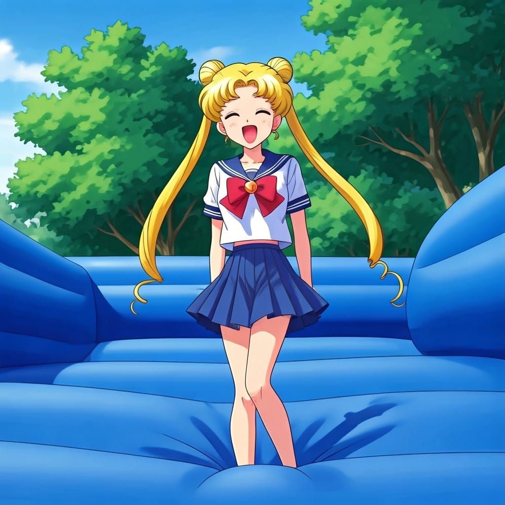 Sailor Moon's Usagi Tsukino Bounces Joyfully on a Blue Bounc...