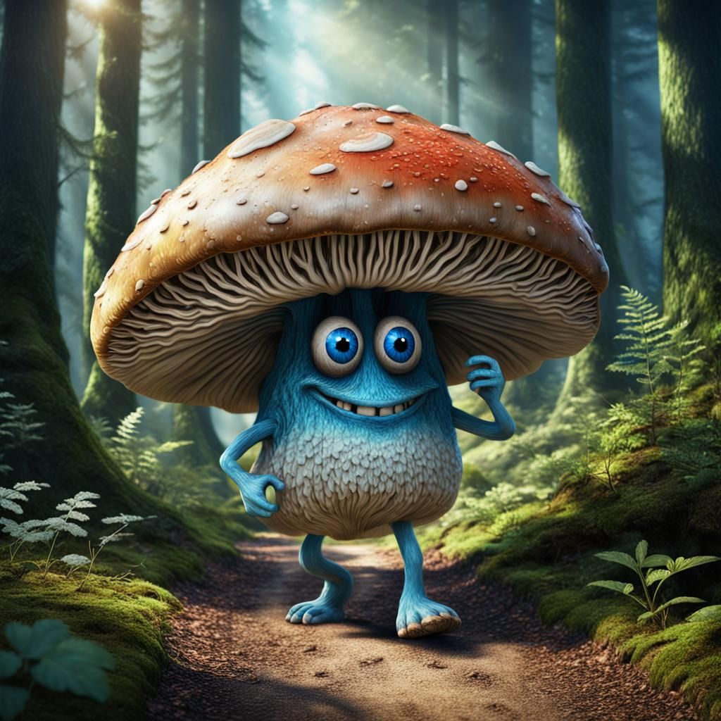 Walking Mushroom Character in Sunny Forest, Digital Art