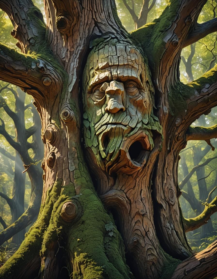 Hyperrealistic Oak Tree Carving with Woodpecker