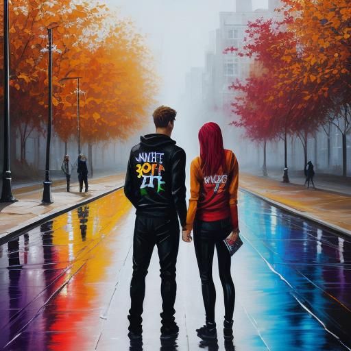 Colorful Street Art of a Couple in Autumn