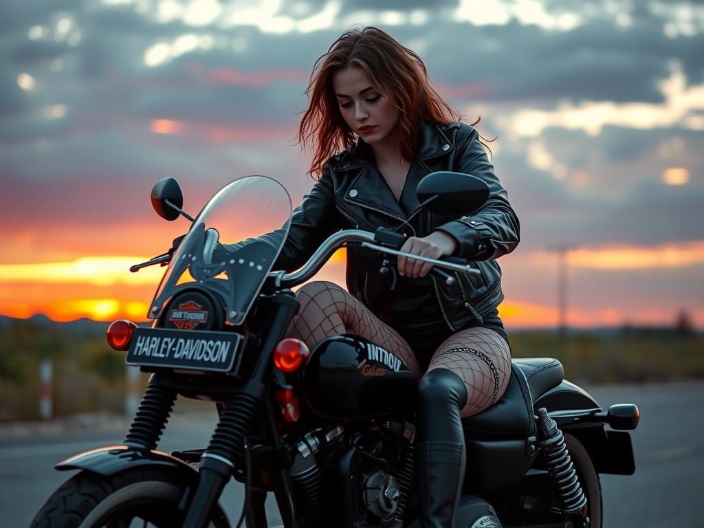 Rocker-Gothic Woman Rides Harley at Sunset