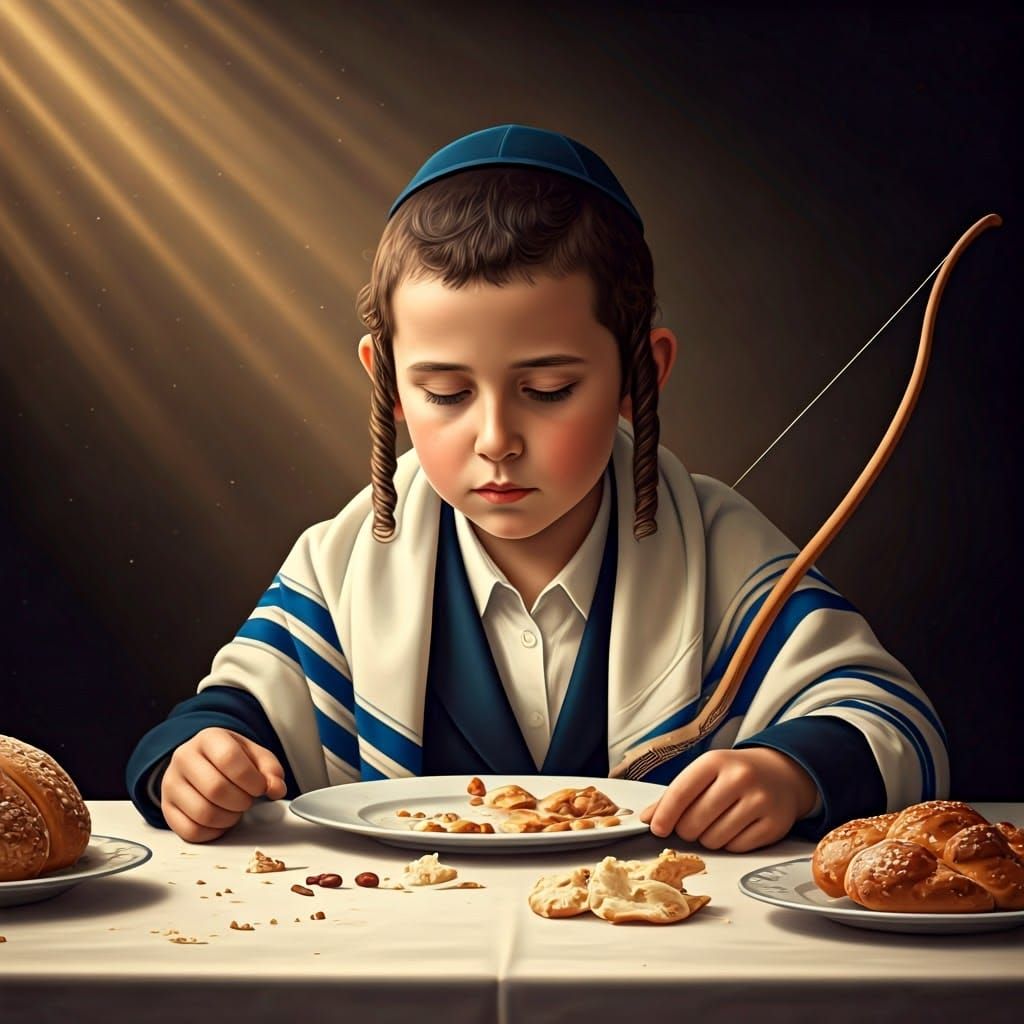 Orthodox Hasidic Boy Blesses Food in Dreamlike Temple Settin...