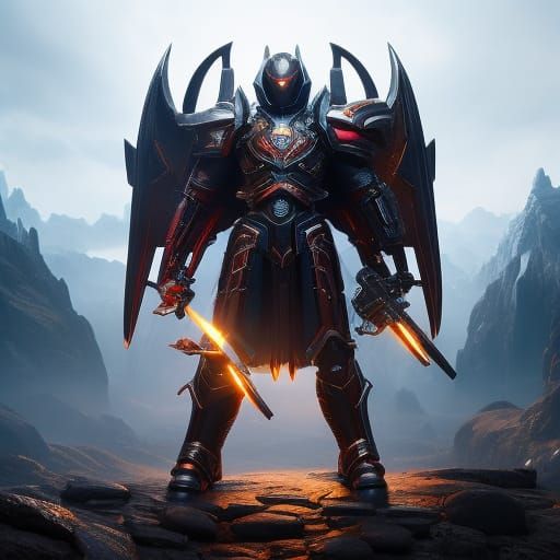 Armored Pegasus Flies Over Cyberpunk Cityscape