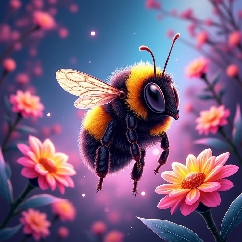 Dreamlike Bumble Bee in Retro-Futuristic Neon Art Style