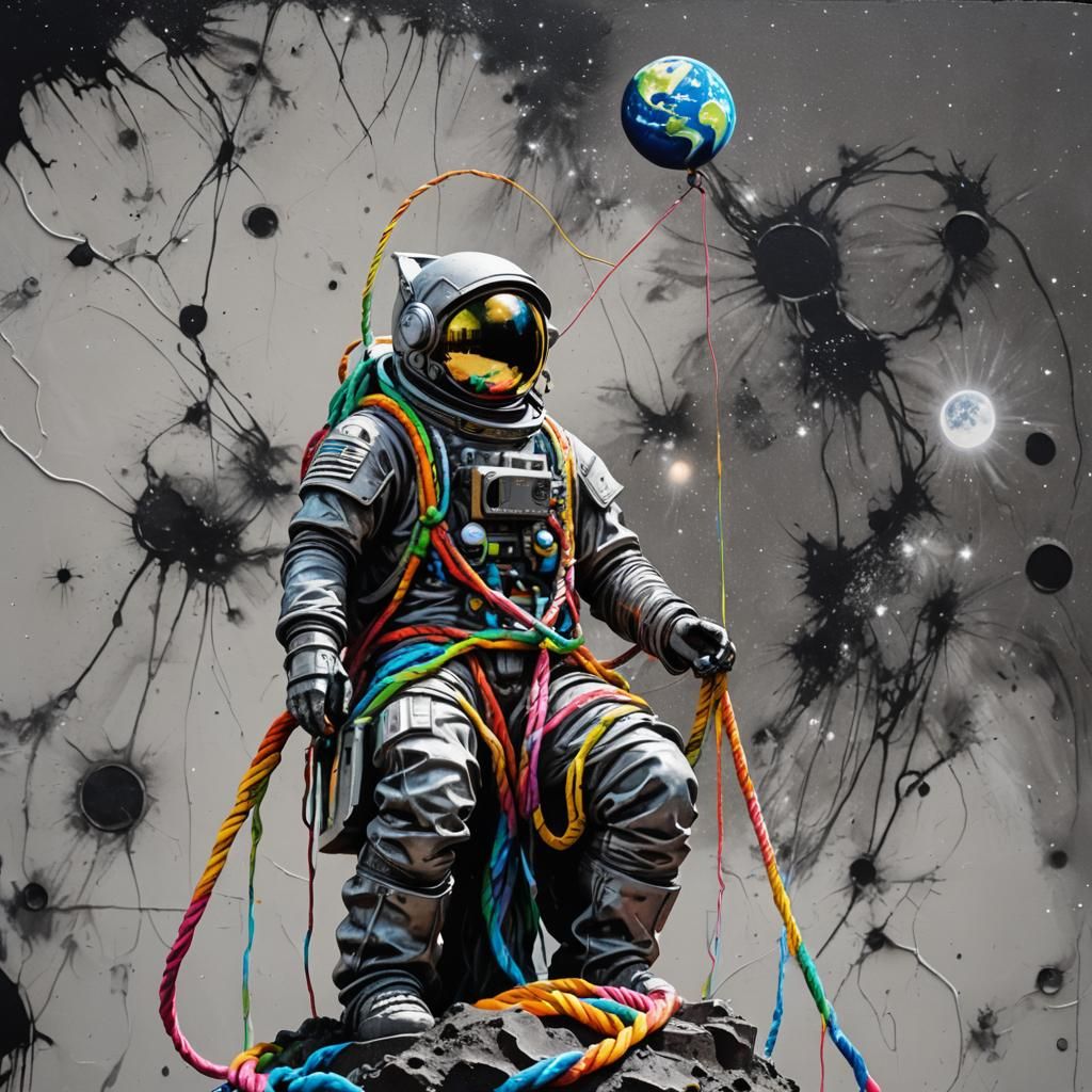 Colorful Lunar Statue with Earth View: Graffiti Art
