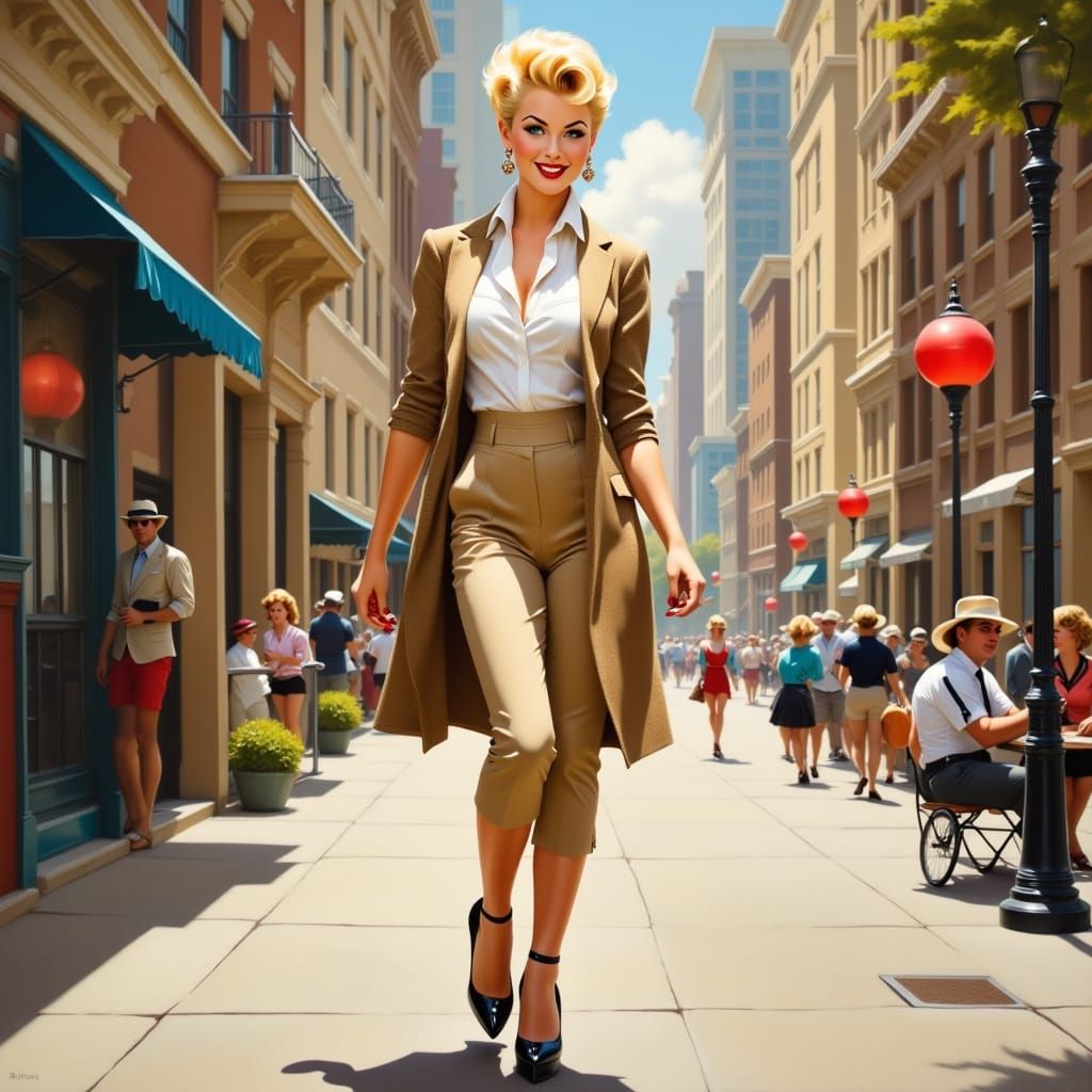 Blond Woman Sashays Down City Sidewalk in Impressionist Styl...