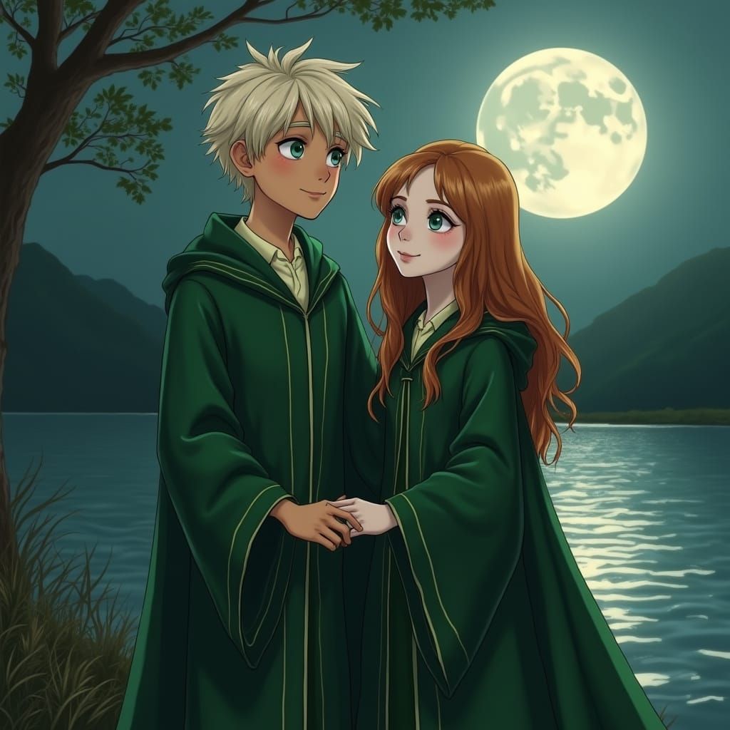 Platinum Blonde Boy and Golden Girl in Slytherin Robes by th...