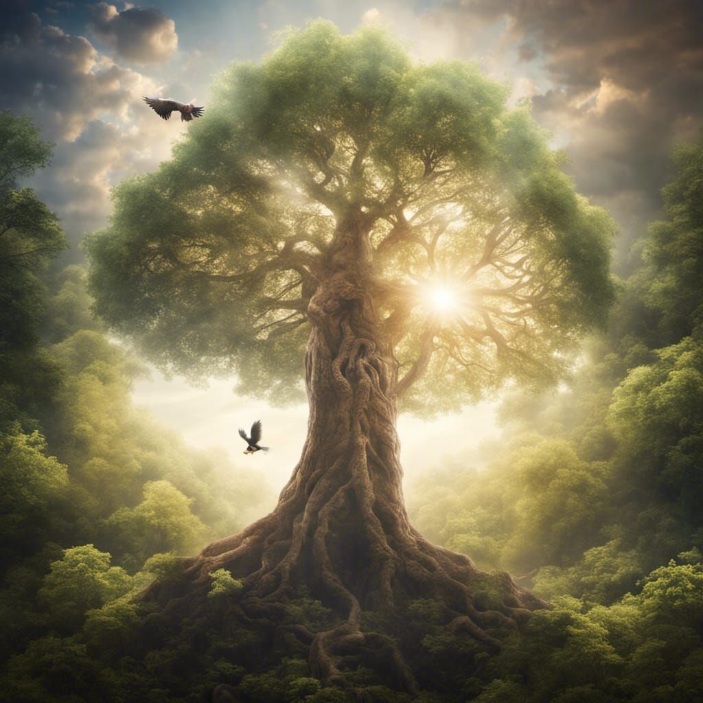 Tree of life growing in a forest with an eagle in it heavenly sunshine beams divine bright soft focus holy in the clouds