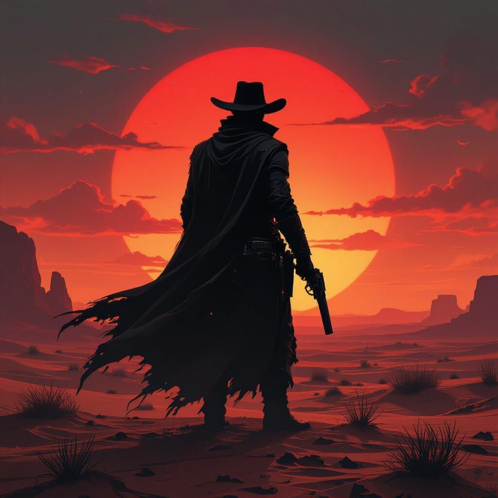 Gunslinger Silhouette Against Alien Sunset