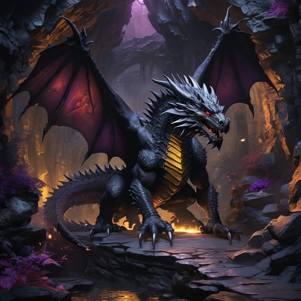 Fierce Black Dragon in Cave Lair