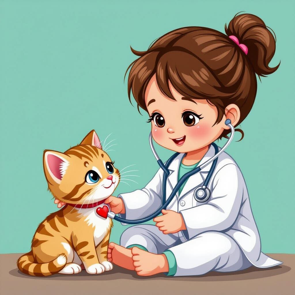 Baby Veterinarian Listens to Kitten Heart
