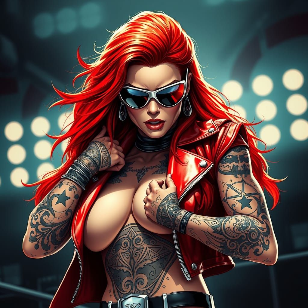 Cyberpunk Warrior Goddess in Red Leather and Mirrored Shades