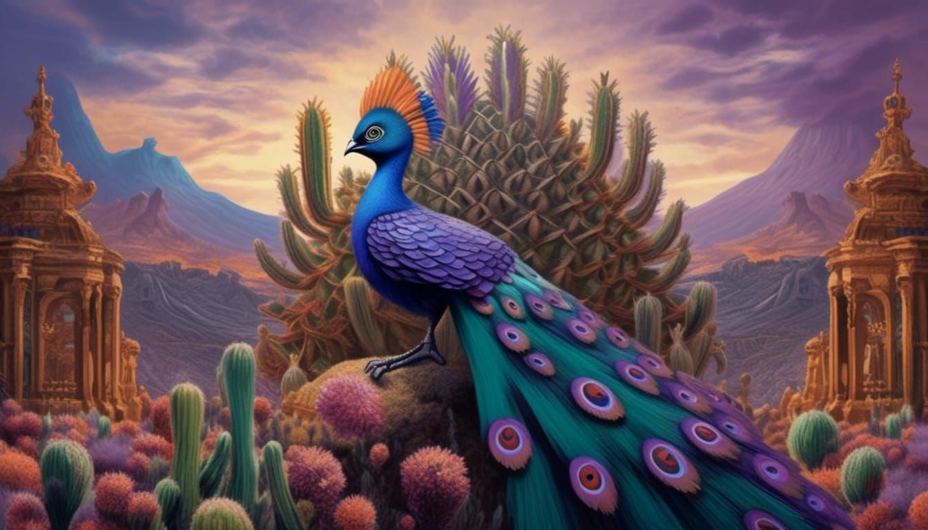 Kaiju Peacock with Rainbow Plumage and Wings