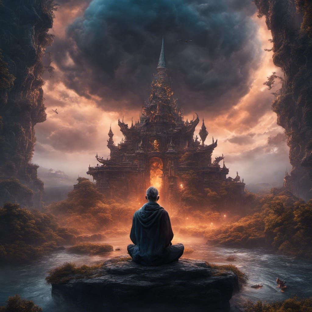 Monk Meditating Calmly During a Storm