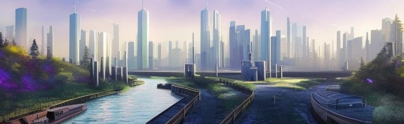Futuristic City Canal: Watercolor Harmony of Nature