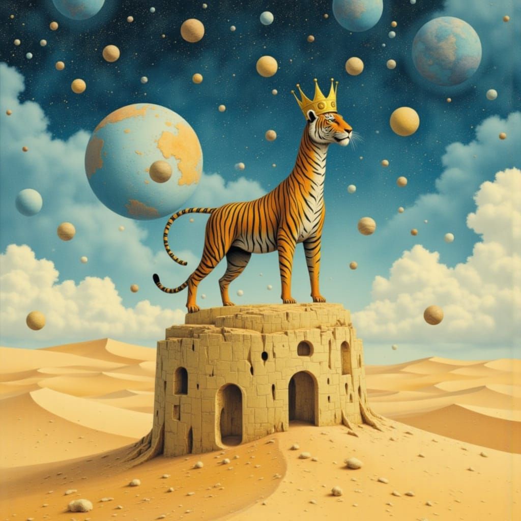 Tiger King of Surreal Desert in Dreamlike Horror Style