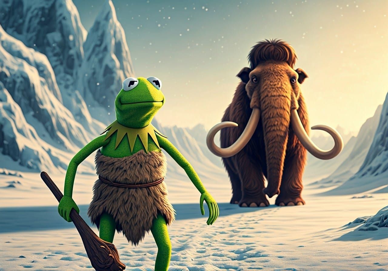Ice Age, Kermit  dressed as a caveman hunting a Muppet mammoth in the snow