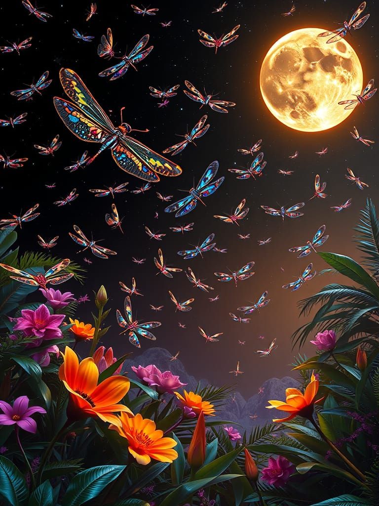 Surreal Dragonfly Flight Through a Neon Garden