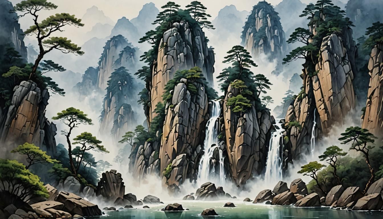 Epic Huangshan Waterfall in Misty Asian Style