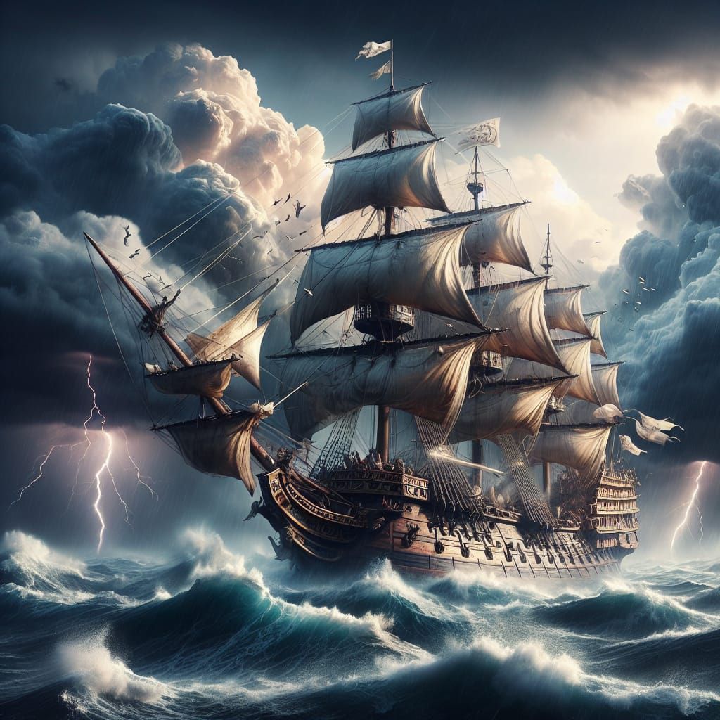 Galleon Ship in Stormy Seas: Digital Matte Painting