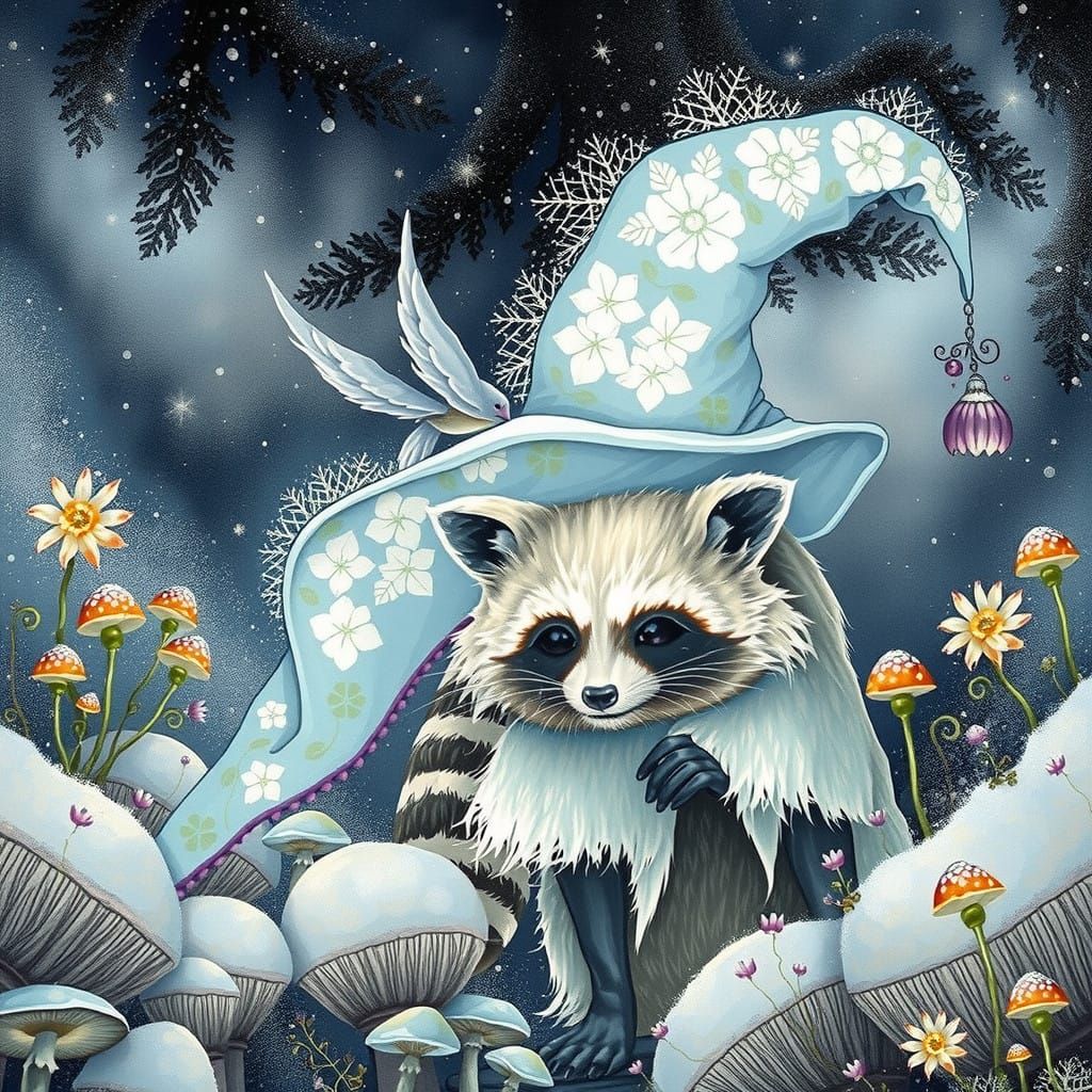 Whimsical Wizard Raccoon in Enchanted Snowy Realm
