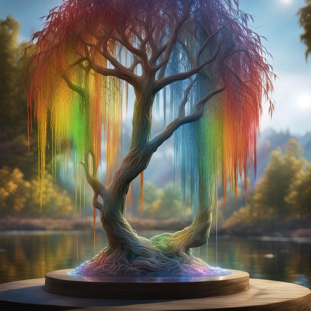 Rainbow Willow Tree Glass Sculpture in Detailed Matte Style