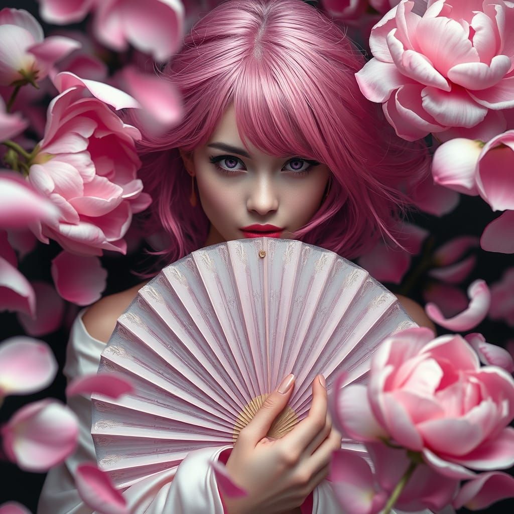 Woman with Fan and Peonies in Hyperrealistic Style