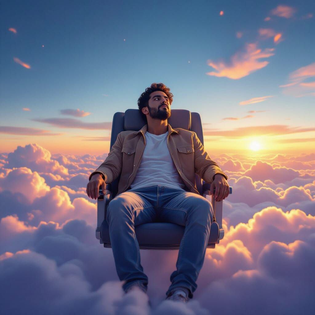 Man Contemplates Sky from Cloud Seat in Hyper-Realistic Styl...